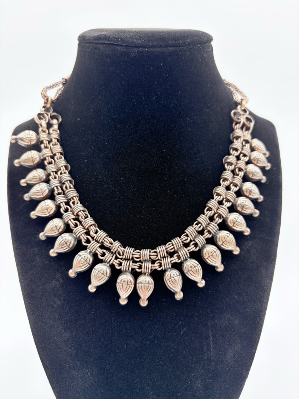 Antique Silver Tone Tribal Statement Necklace Fringe Boho Bib Dangle